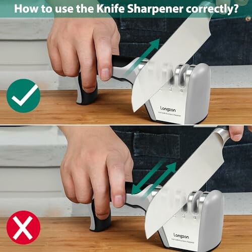 Instructions on using a knife sharpener correctly with check and cross symbols.