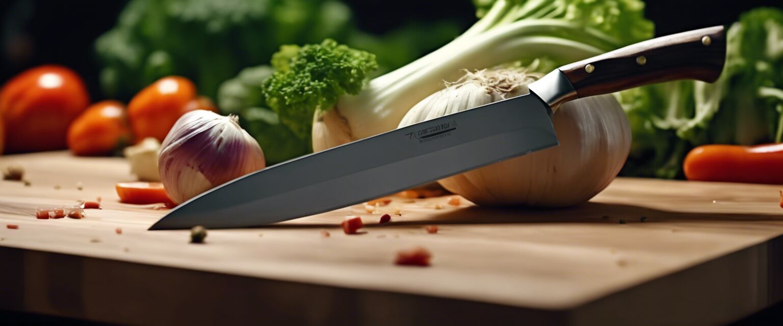 Sharp kitchen knife cutting through vegetables